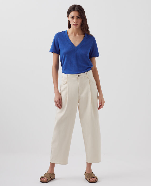 SARAH - Camiseta de lino con cuello de pico H660 sodalite blue