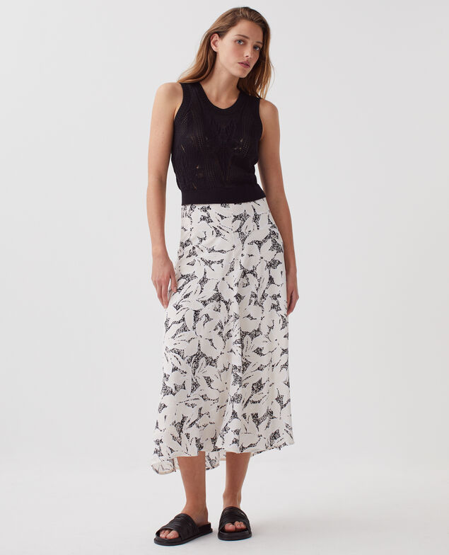 Falda larga fluida asimétrica J301 flower camo ecru