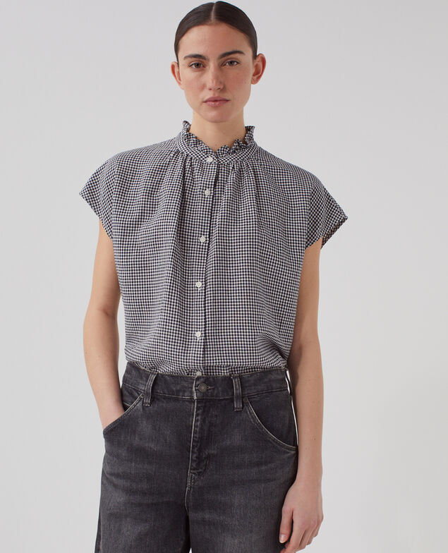 Camisa sin mangas con cuello de volantes J093 gingham check