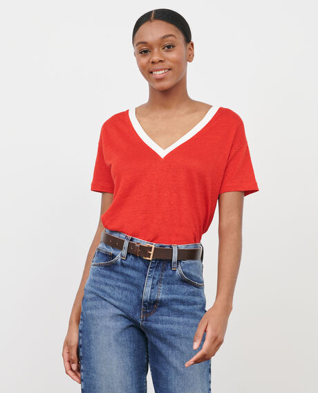 SARAH - Camiseta de lino con cuello de pico Str fieryred gardenia Locmelar