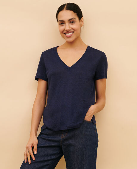 SARAH - Camiseta de lino con cuello de pico 4232 maritime blue 3ste082f05