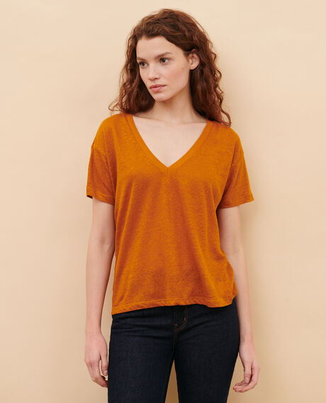 SARAH - Camiseta de lino con cuello de pico Pumpkin spice Locmelar