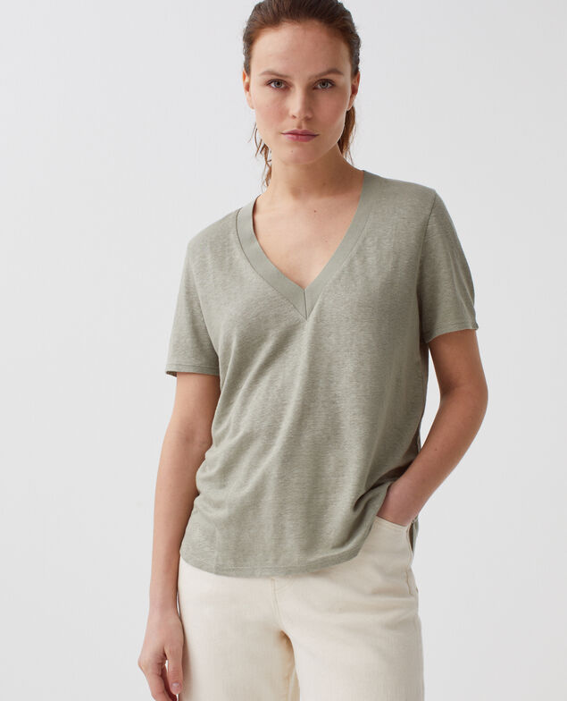 SARAH - Camiseta de lino con cuello de pico H050 vetiver