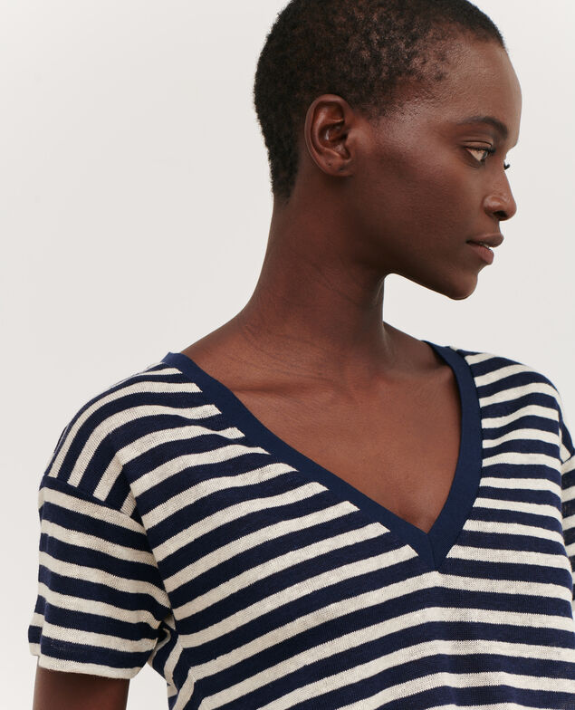 SARAH - Camiseta de lino con cuello de pico 123 stripes heather
