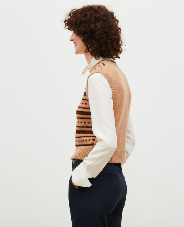 Jersey jacquard sin mangas de lana alpaca Jacquard taupe black brandybrown