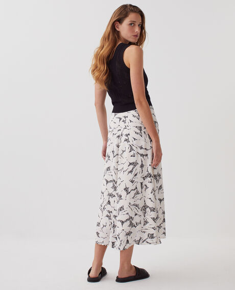 Falda larga fluida asimétrica J301 flower camo ecru