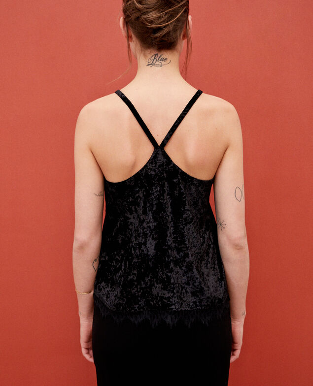 Camiseta sin mangas de terciopelo con encaje Negro