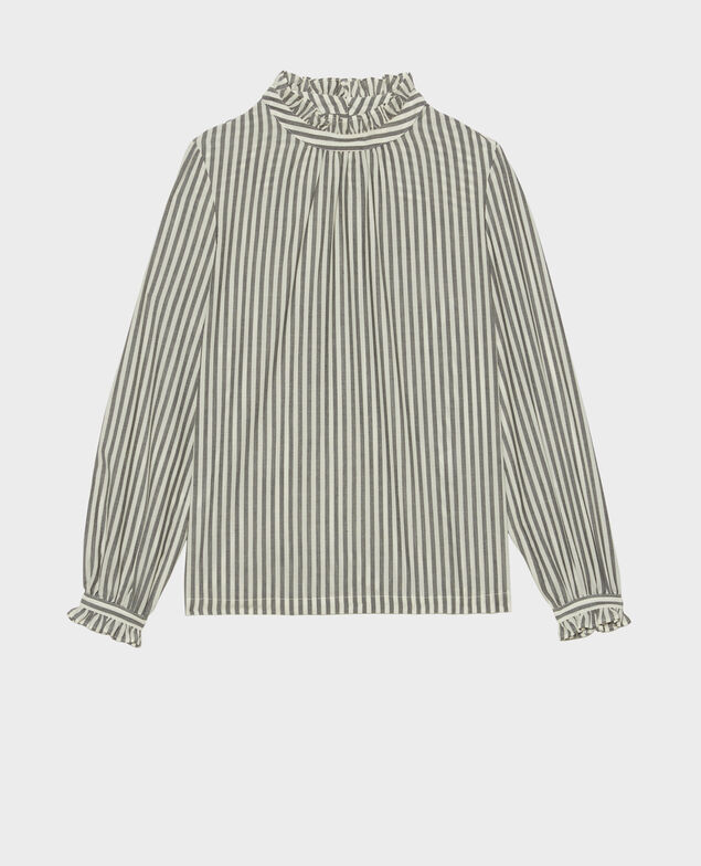 Blusa de gasa de lana rayada con cuello de volantes Stripe grey offwhite