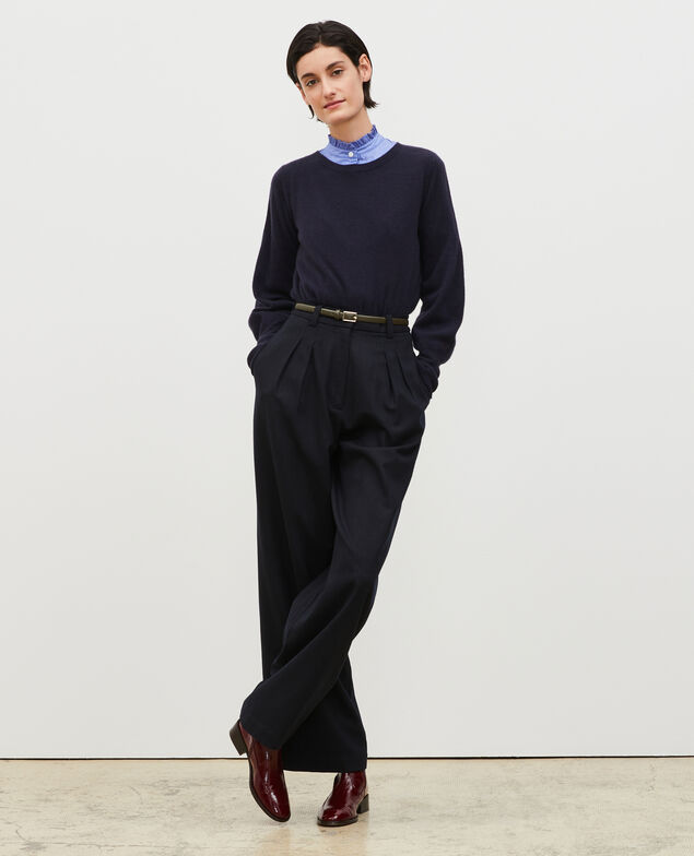 YVONNE - Pantalón ancho talle alto de lana Stripes night sky