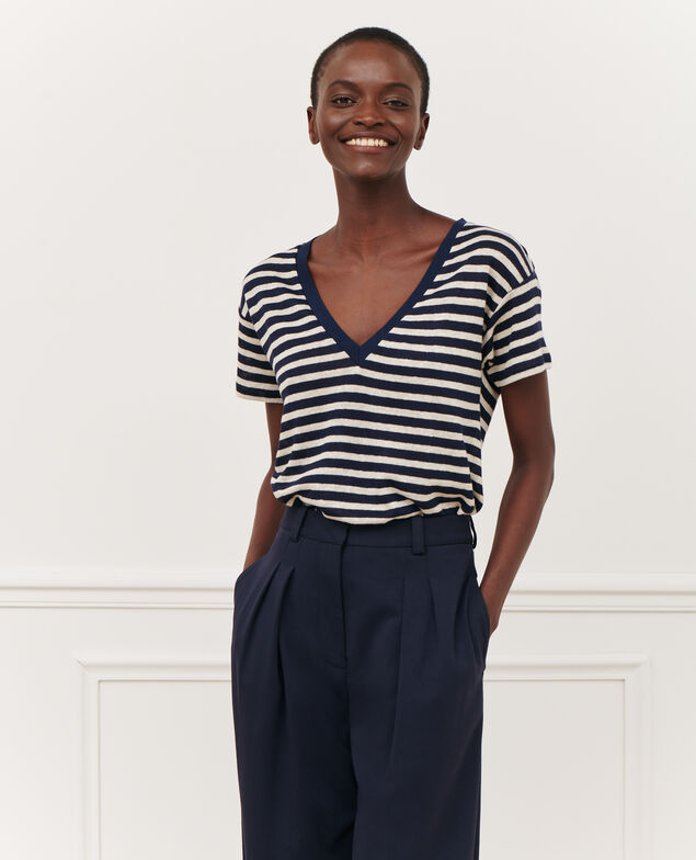 SARAH - Camiseta de lino con cuello de pico 123 stripes heather