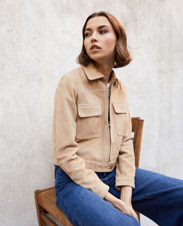 Chaqueta corta de ante Camel beige