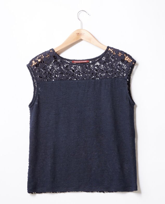 Camiseta de lino con espalda de encaje Navy