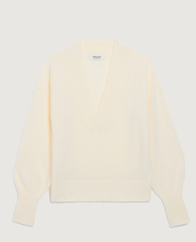 Jersey con cuello de pico de cachemir K300 ecru beige