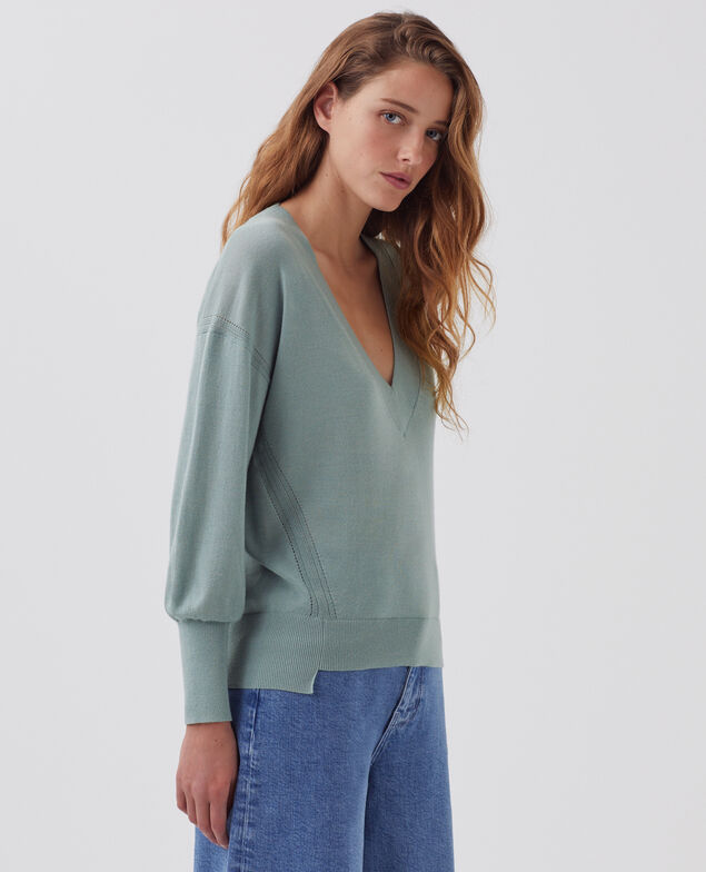 Jersey con cuello de pico de lana y seda J620 slate blue