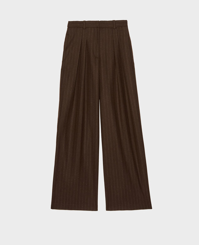 YVONNE - Pantalón ancho talle alto de lana Stripe coffee bean