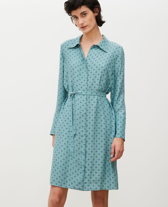 Vestido camisero de seda con cinturón Print mosaique treillis