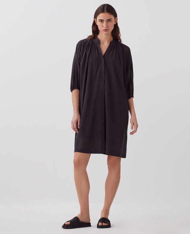 Vestido amplio corto de algodón arrugado H091 black beauty