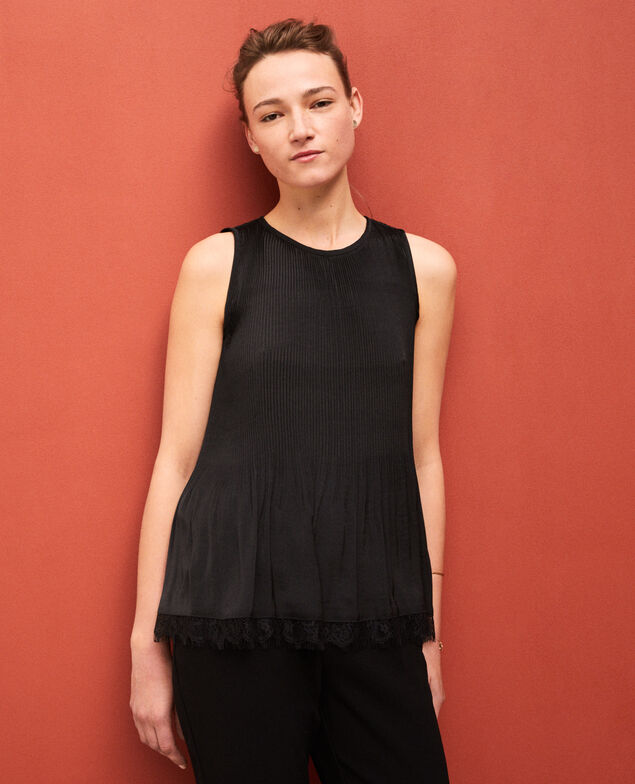 Blusa plisada con encaje Negro