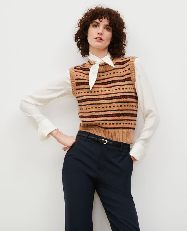 Jersey jacquard sin mangas de lana alpaca Jacquard taupe black brandybrown