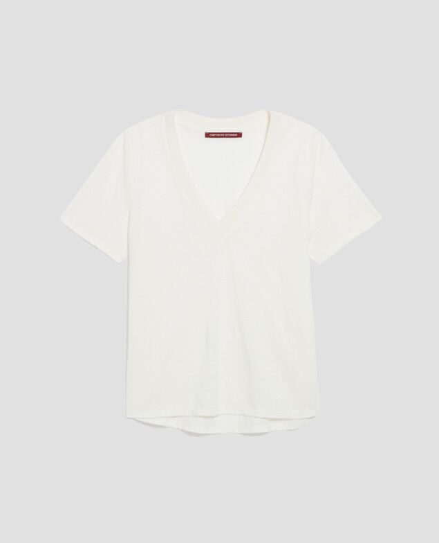 SARAH - Camiseta de lino con cuello de pico H001 brillant white