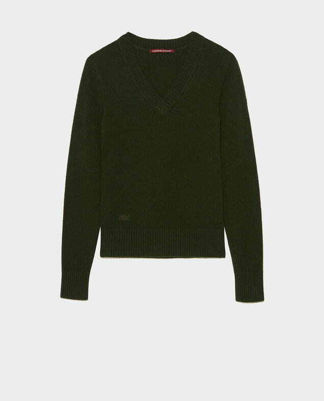 Jersey de cachemir con cuello de pico Military green