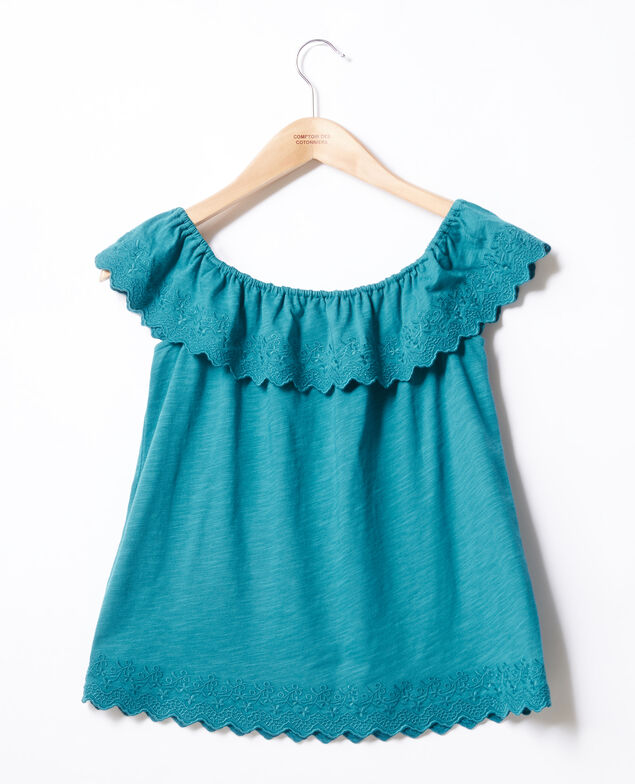 Top con volante elástico y bordado Pacific green