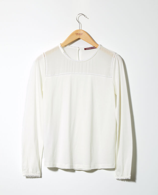 Camiseta de dos tejidos con detalles de borlas Blanco