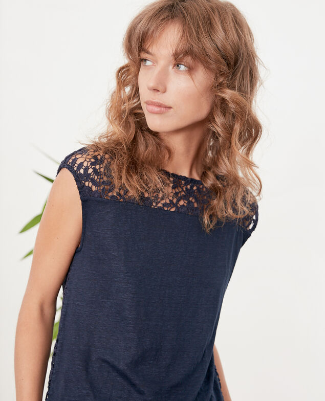 Camiseta de lino con espalda de encaje Navy