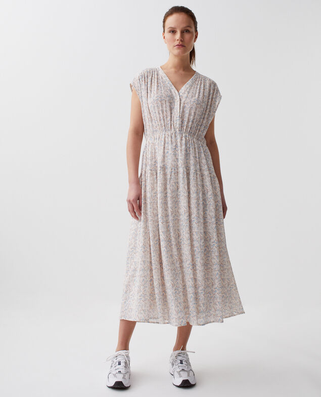 Vestido largo de algodón plisado H613 fleurette blue