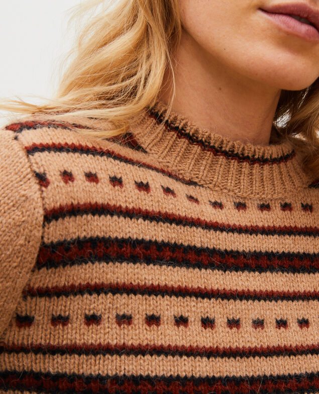 Jersey jacquard sin mangas de lana alpaca con cuello redondo Jacquard taupe black brandybrown