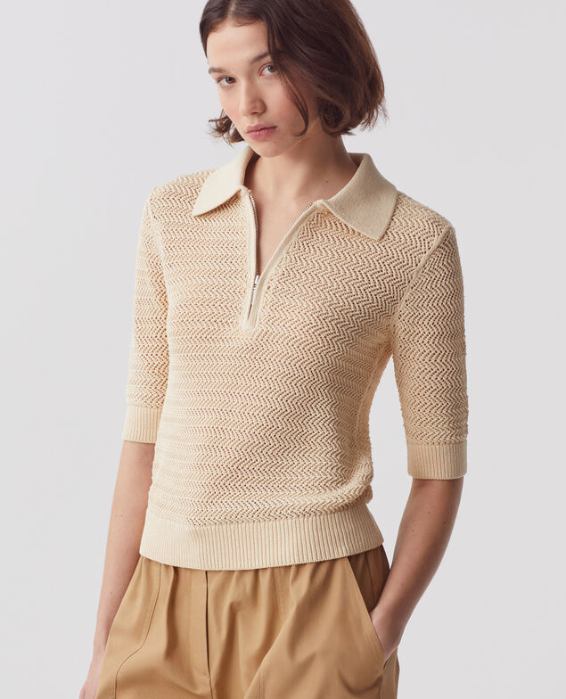 Jersey cuello polo con cremallera de algodón J300 natural