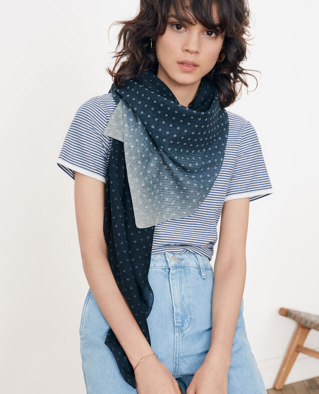 Fular estampado de algodón y seda Ring dots indigo