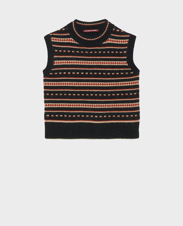 Jersey jacquard sin mangas de lana alpaca Black brandy lighttaupe jacquard