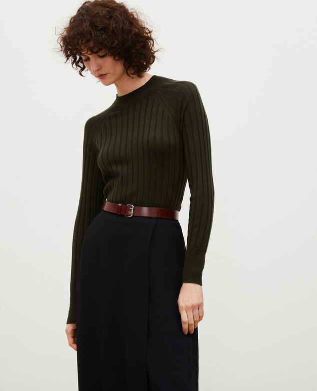  Jersey de canalé con cuello subido de lana merino Military green