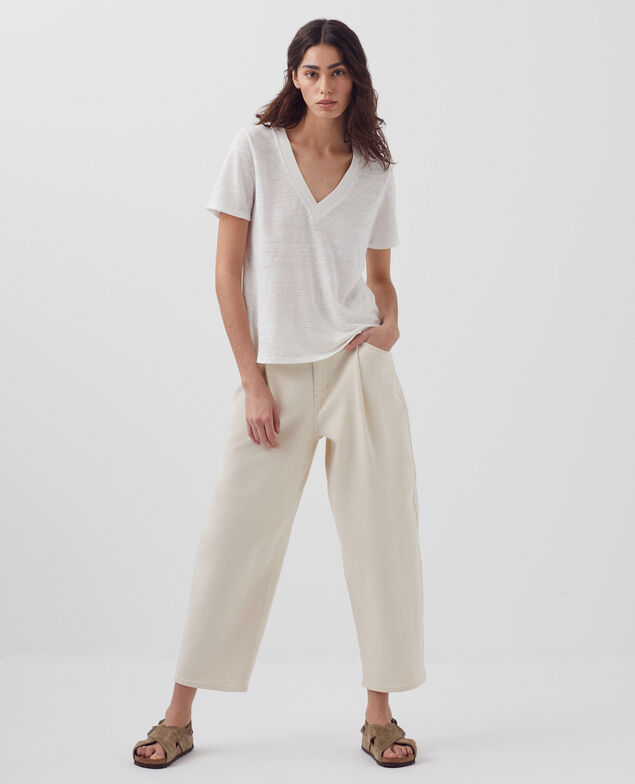 SARAH - Camiseta de lino con cuello de pico H001 brillant white