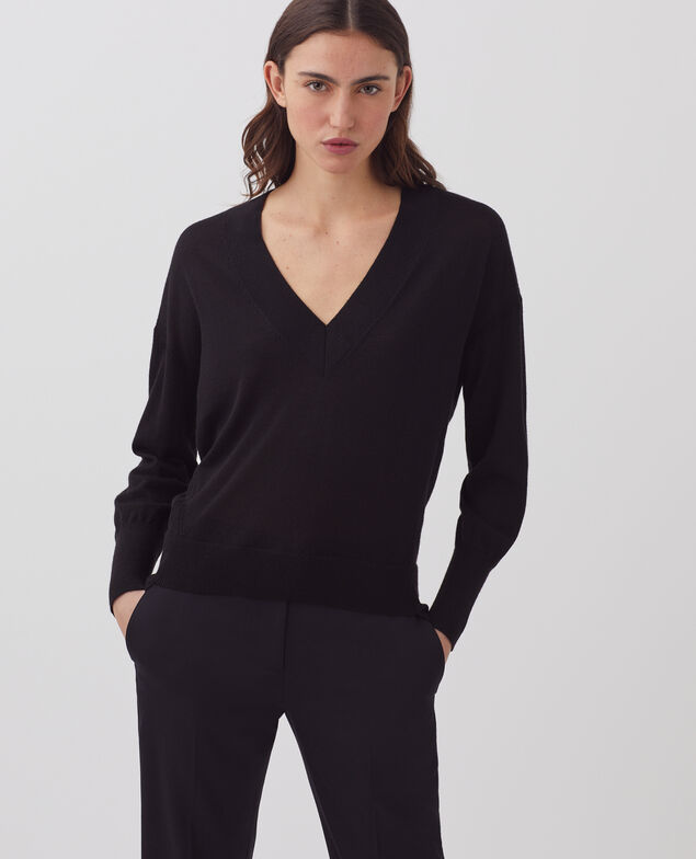 Jersey con cuello de pico de lana y seda H091 black beauty