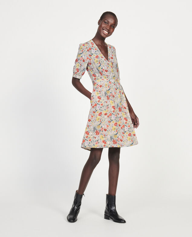 Vestido corto con escote cruzado de seda floral Print eden cream