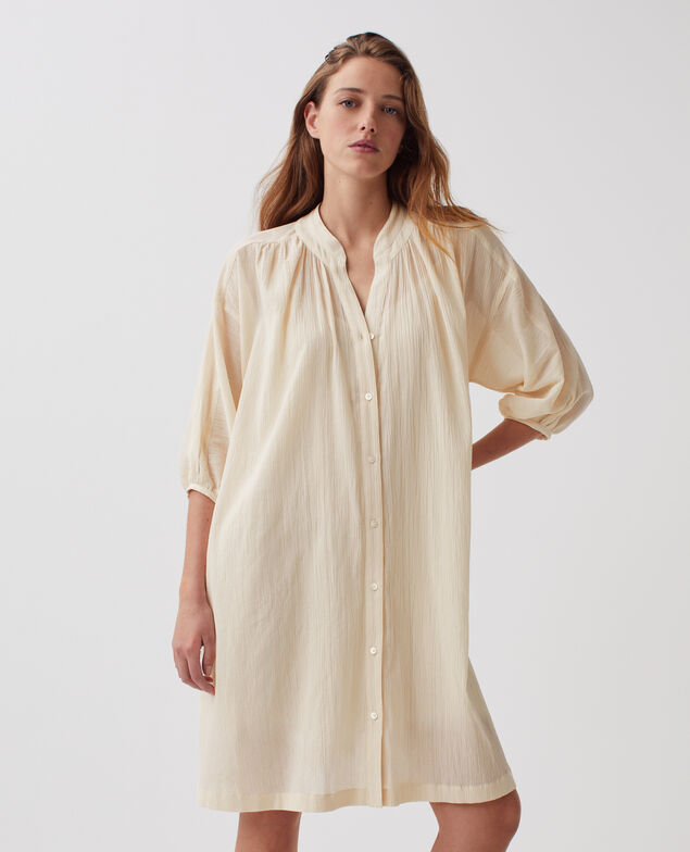 Vestido amplio corto de algodón arrugado J300 natural