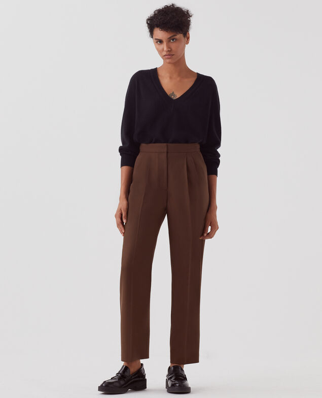 CAMILLE - Pantalón de lana con pinzas I390 coffee bean