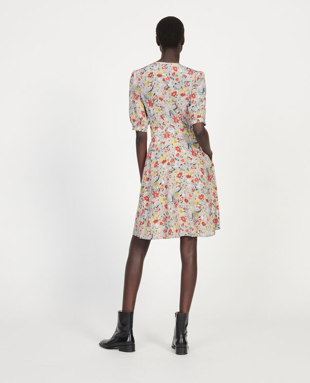  Vestido corto con escote cruzado de seda floral Print eden cream