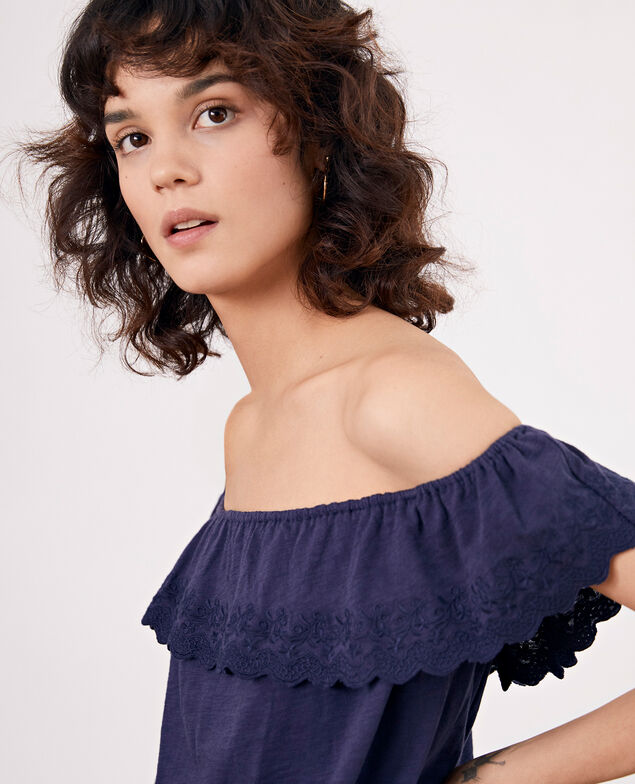Top con volante elástico y bordado Navy