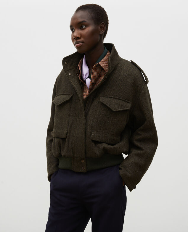 Cazadora aviador de tweed de lana con espigas Military green