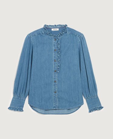 Camisa de algodón con cuello de volantes J621 light blue