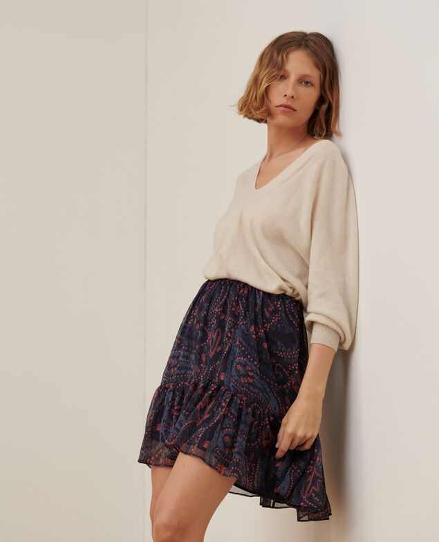 Falda corta fluida de paño A683 print ikat navy