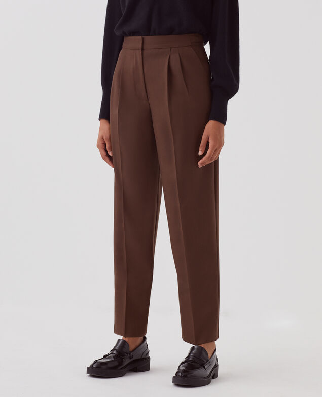 CAMILLE - Pantalón de lana con pinzas I390 coffee bean