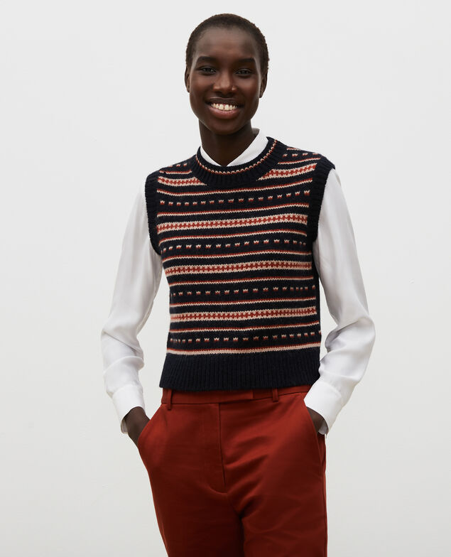 Jersey jacquard sin mangas de lana alpaca Black brandy lighttaupe jacquard