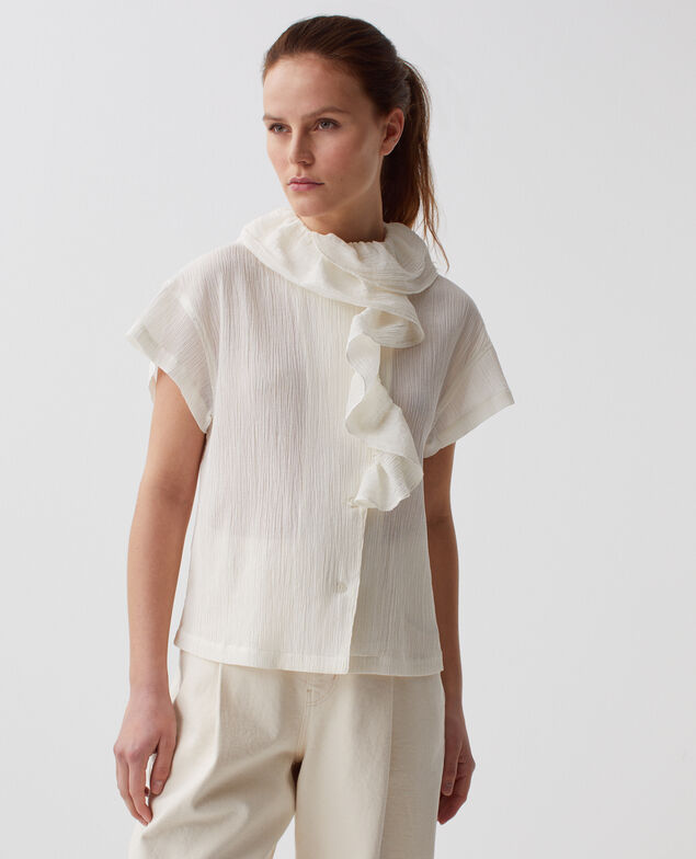 Blusa con volantes de algodón plisado H303 white swan