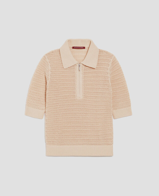 Jersey cuello polo con cremallera de algodón J300 natural