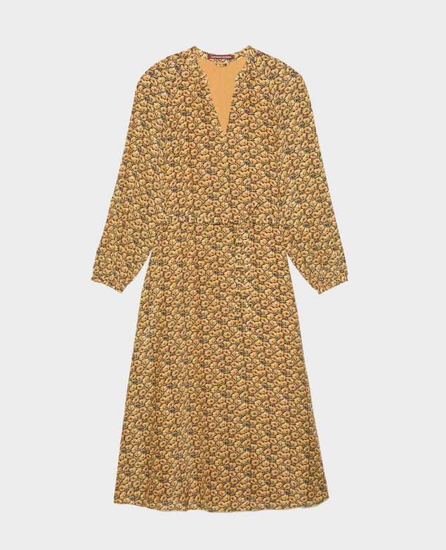 Vestido largo de seda con cinturón y cuello de pico Print artdeco lemoncurry