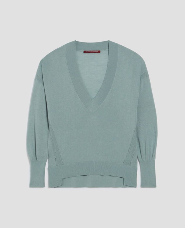 Jersey con cuello de pico de lana y seda J620 slate blue